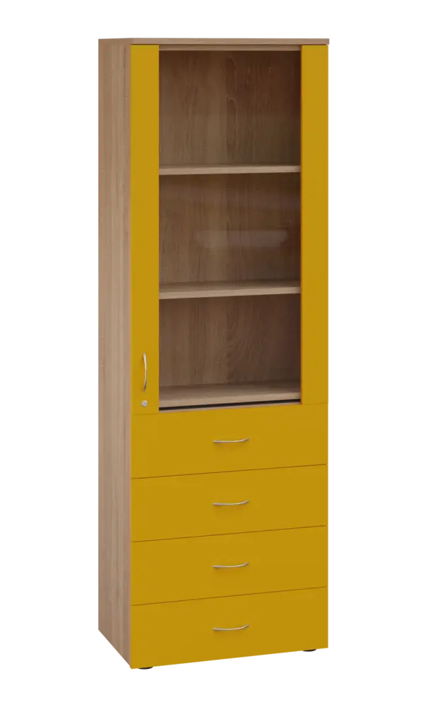 LE - 64 skříň léková prosklená, pravá, korpus dub bardolino, dvířka žlutá odio